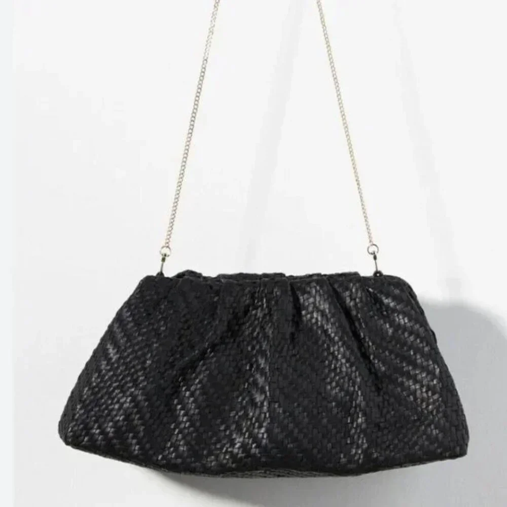 031 Anthropologie Woven Leather Clutch Dark with Chain NWT Emerald Green Leather - Picture 1 of 10